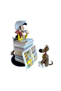 FIGURA RESINA LUCKY LUKE Y RANTANPLAN CON PILA DE COMICS