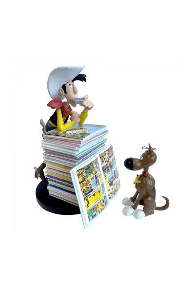 Lucky Luke - Figura Resina Lucky Luke Y Rantanplan Con Pila De Cómics